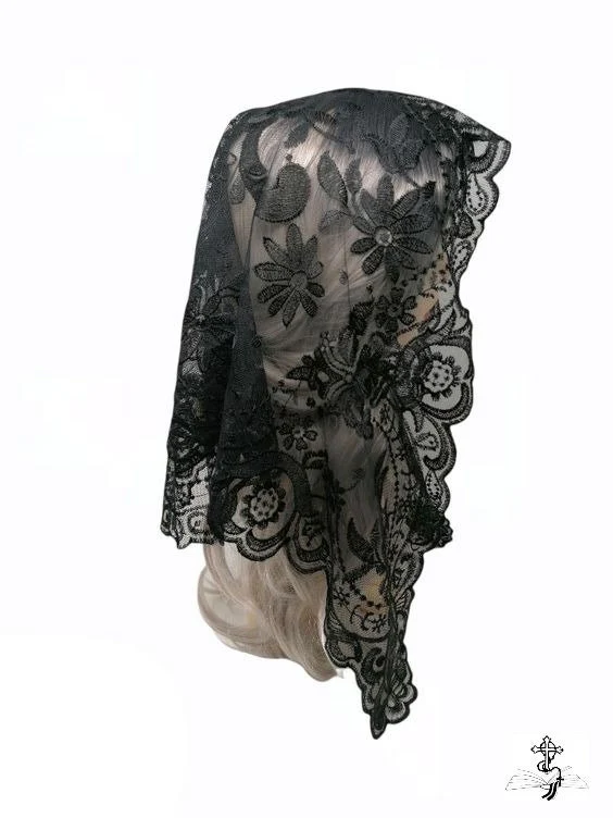 Black Floral Style Lace Mantilla Veil | Embroidered Catholic Chapel Veil | Church Head Covering for Mass - Image 7