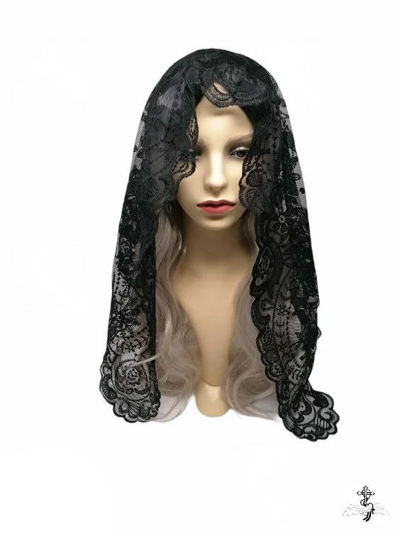 Black Floral Style Lace Mantilla Veil | Embroidered Catholic Chapel Veil | Church Head Covering for Mass - Image 9