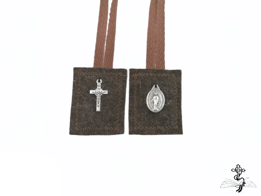 Brown scapular, Our Lady of Mount Carmel, Multiple sizes, Miraculous Medal, St Benedict cross, Catholic, Escapulario, Wool Scapular, brown - Image 4