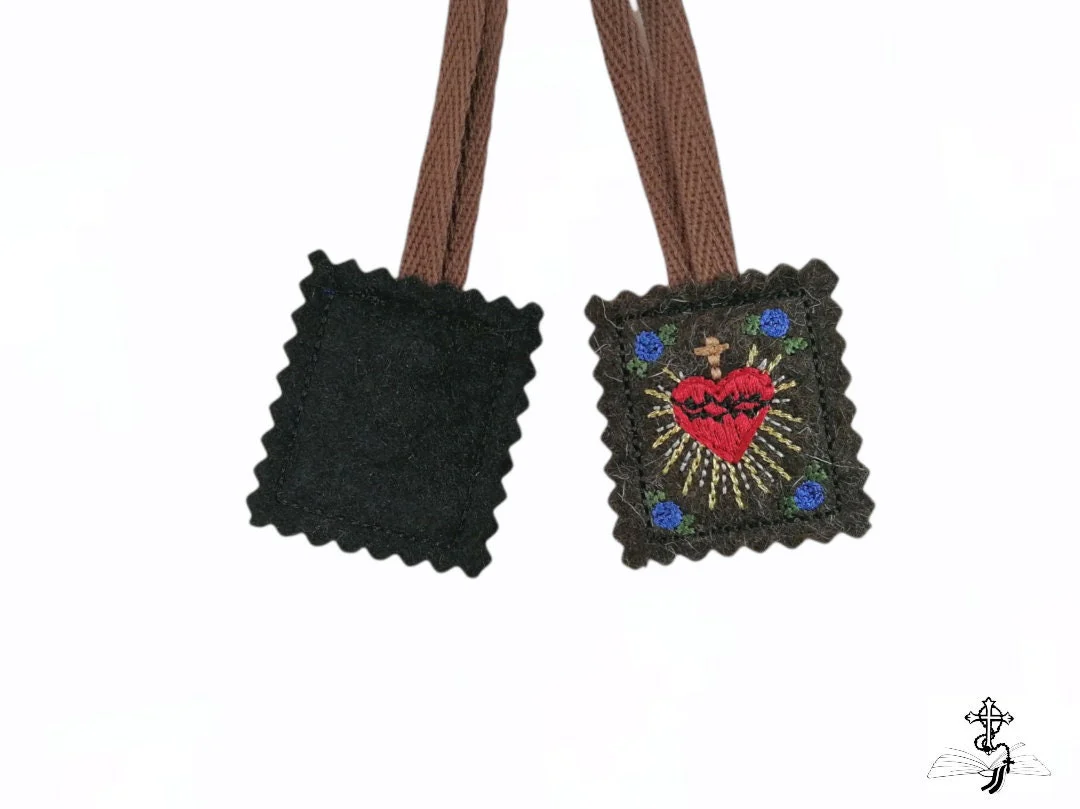 Embroidered scapular, Brown scapular, Our Lady of Mount Carmel, Multiple sizes, Miraculous Medal, St Benedict, Catholic, Escapulario, Wool - Image 4
