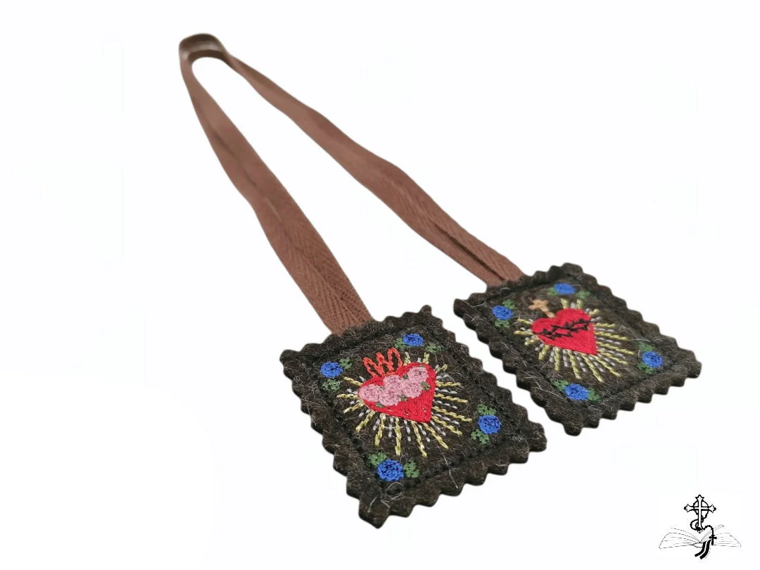 Embroidered scapular, Brown scapular, Our Lady of Mount Carmel, Multiple sizes, Miraculous Medal, St Benedict, Catholic, Escapulario, Wool - Image 7