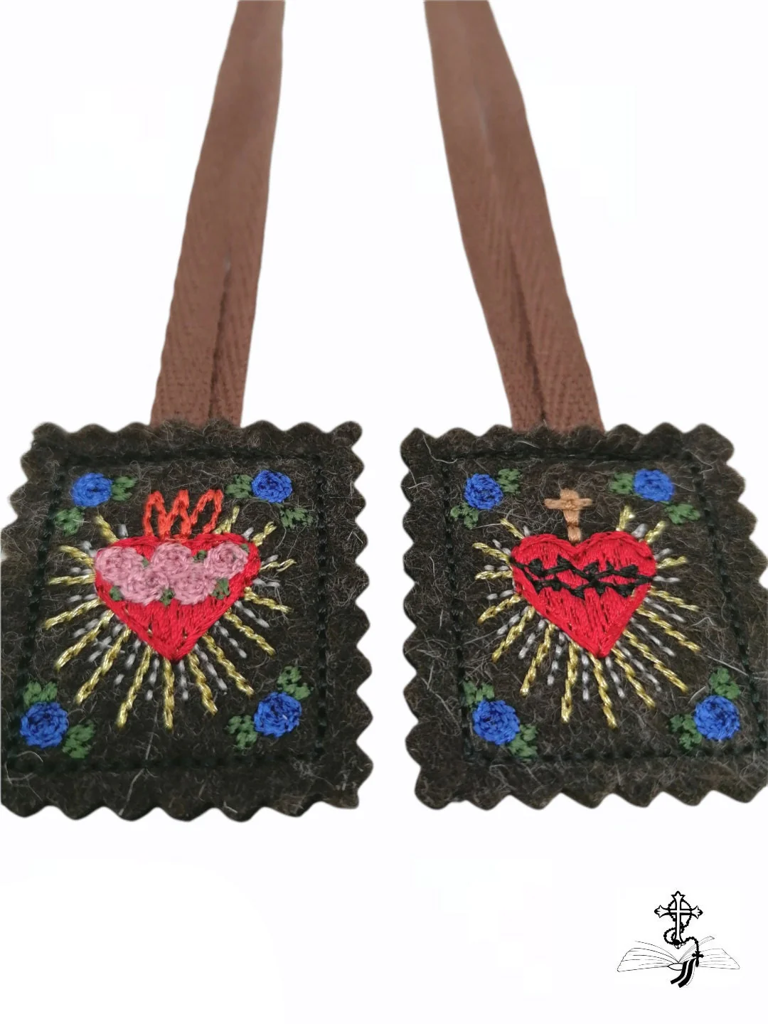 Embroidered scapular, Brown scapular, Our Lady of Mount Carmel, Multiple sizes, Miraculous Medal, St Benedict, Catholic, Escapulario, Wool - Image 8