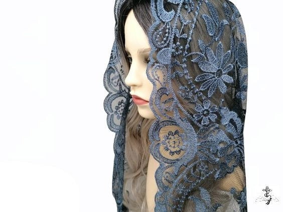 Blue Floral Style Lace Mantilla Veil | Embroidered Catholic Chapel Veil | Church Head Covering for Mass - Image 4