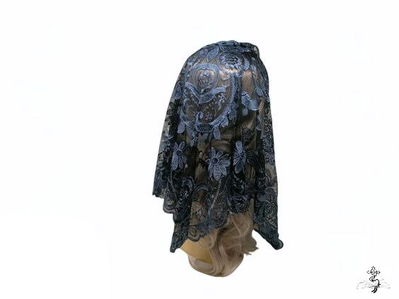 Blue Floral Style Lace Mantilla Veil | Embroidered Catholic Chapel Veil | Church Head Covering for Mass - Image 7