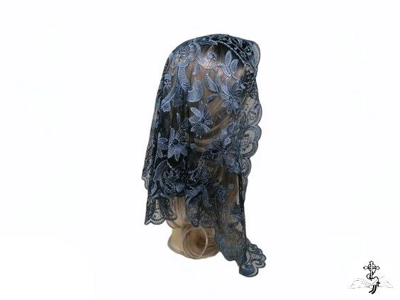 Blue Floral Style Lace Mantilla Veil | Embroidered Catholic Chapel Veil | Church Head Covering for Mass - Image 9
