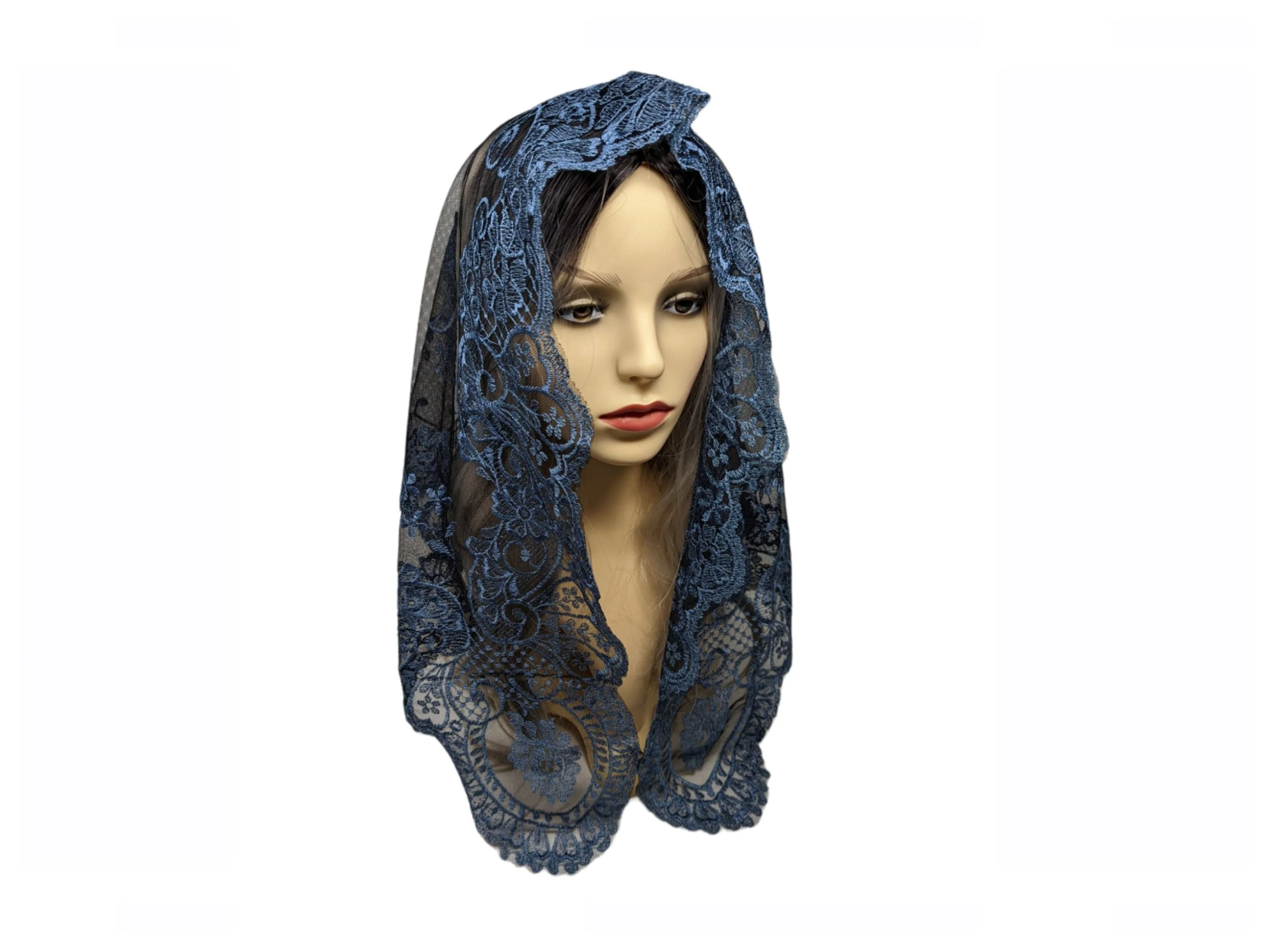 Spanish Style Catholic Church Head Covering | Blue Lace Mantilla Veil | Chapel Veil for Mass & Eucharistic Adoration - Image 4