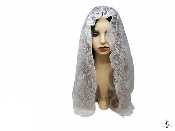 White Floral Style Lace Mantilla Veil | Embroidered Catholic Chapel Veil | Church Head Covering for Mass - Image 5