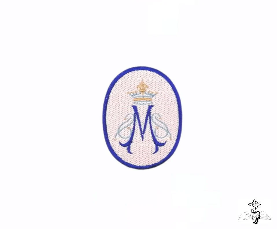 Marian symbol with crown patch, religious patch, iron on badge, sew on patch, embroidered badge, embroidered patch, crown, pilgrimage