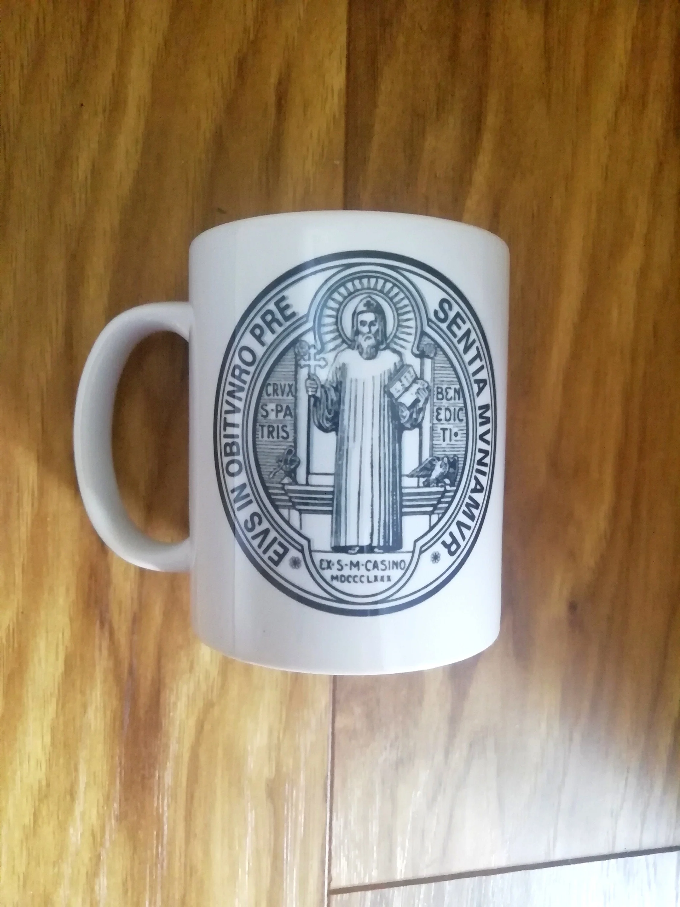 Saint Benedict, b. & w. St. Benedict medal, Catholic Mug, Catholic gift, Stocking stuffer, Baptism, Holy Communion, Confirmation, Present - Image 4