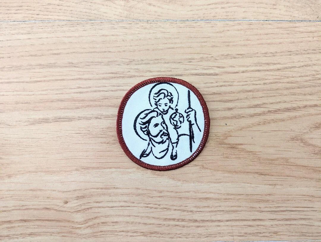 St Christopher badge, religious patch, iron on badge, sew on patch, Pilgrimage, Patron Saint of travelers, Pilgrim, Christopher and Jesus - Image 2